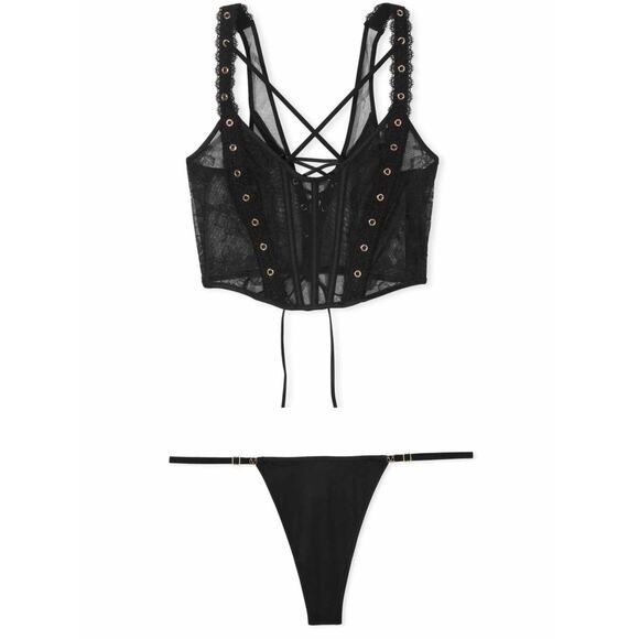 Victoria's Secret Other - VS Very Sexy Rose Lace Grommet Strappy Corset N Smooth Adjustable Thong Panty M